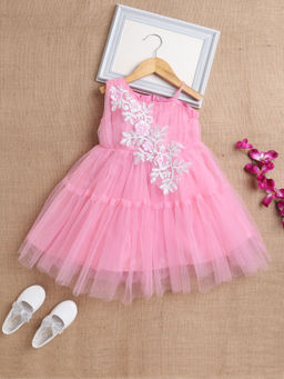 The Magic Wand - Girls Pink Embroidered Knee Length Dress
