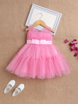 The Magic Wand - Girls Pink Self Design Knee Length Dress