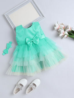 The Magic Wand - Girls Green Self Design Knee Length Dress with Belt (Set of 2)