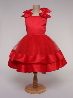 The Magic Wand - Girls Red Self Design Knee Length Dress