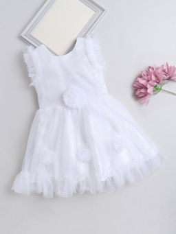 The Magic Wand - Girls White Self Design Knee Length Dress with Belt (Set of 2)