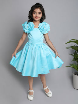 The Magic Wand - Girls Aqua Solid Knee Length Dress