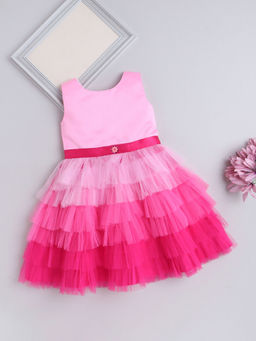 The Magic Wand - Girls Pink Self Design Knee Length Dress with Belt (Set of 2)