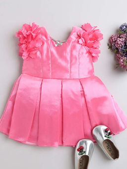 The Magic Wand - Girls Pink Solid Knee Length Dress with Belt (Set of 2)
