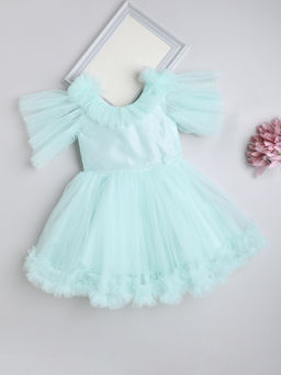 The Magic Wand - Girls Green Self Design Knee Length Dress