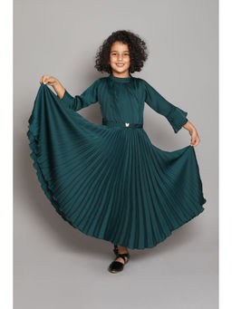 The Magic Wand - Girls Green Solid Knee Length Dress with Belt (Set of 2)