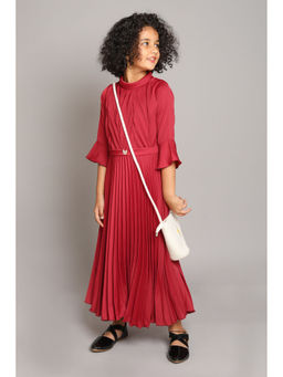 The Magic Wand - Girls Red Solid Knee Length Dress with Belt (Set of 2)