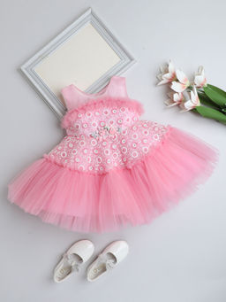 The Magic Wand - Girls Pink Embroidered Knee Length Dress