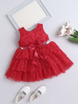 The Magic Wand - Girls Red Embellished Knee Length Dress with Belt (Set of 2)