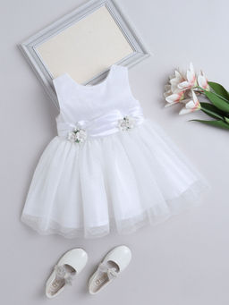 The Magic Wand - Girls White Embellished Knee Length Dress with Belt (Set of 2)
