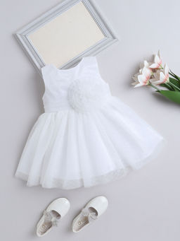 The Magic Wand - Girls White Embellished Knee Length Dress with Belt (Set of 2)