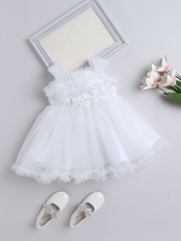 The Magic Wand - Girls White Embellished Knee Length Dress with Belt (Set of 2)