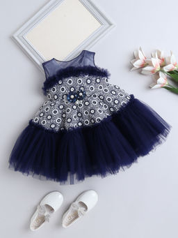 The Magic Wand - Girls Navy Blue Embroidered Knee Length Dress