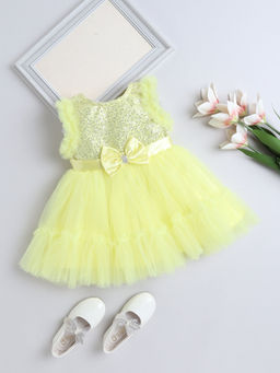 The Magic Wand - Girls Yellow Embellished Knee Length Dress with Belt (Set of 2)