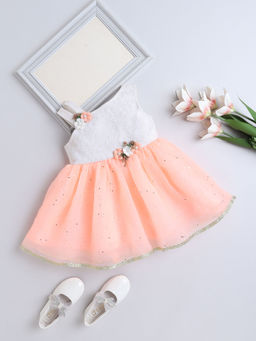The Magic Wand - Girls Peach Embellished Knee Length Dress