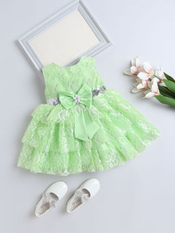 The Magic Wand - Girls Green Embroidered Knee Length Dress with Belt (Set of 2)