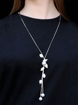 Yellow Chimes - Rhodium-Plated Pearl Crystal Long Chain Pendant