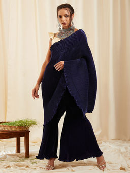 InWeave - Navy Blue Pleated Sharara Saree with Unstitched Blouse (S)