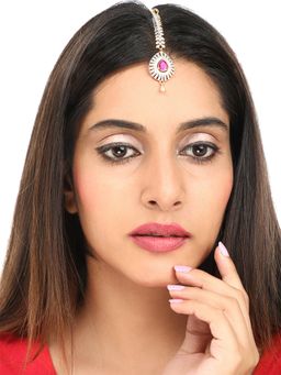 Yellow Chimes - Women Pink White Gold -toned AD Studded Handcrafted Maang Tikka