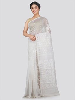 PinkLoom - Womens Soft Cotton Blend Jamdani Saree without Blouse -White