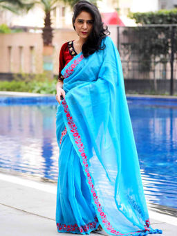 Sundarii - Seven Seas Handloom Zari Striped Embroidered Saree with Unstitched Blouse