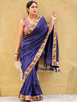 Sundarii - Sapphire Stone Handloom Zari Striped Embroidered Saree with Unstitched Blouse