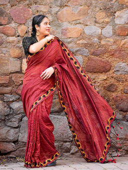 Sundarii - Cranberry Handloom Zari Striped Embroidered Saree with Unstitched Blouse