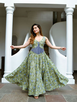 Asheera - Floral Lace Work Cotton Green Maxi Dress