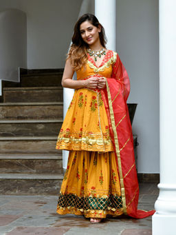 Asheera - Floral Gota Cotton Yellow Kurta With Sharara & Dupatta (Set of 3)