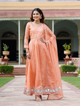 Asheera - Embroidered Zardozi Chiffon Orange Anarkali Kurta With Pant & Dupatta (Set of 3)