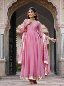 Asheera - Embroidered Zardozi Chiffon Pink Anarkali Kurta With Pant & Dupatta (Set of 3)