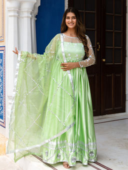 Asheera - Embroidered Thread Work Satin Green Anarkali Kurta With Pant & Dupatta (Set of 3)