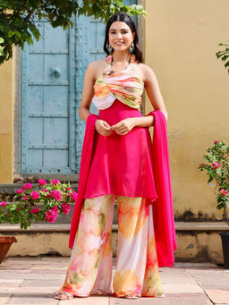 Asheera - Tie & Dye Printed Georgette Multi-Color Top With Palazzo & Dupatta (Set of 3)