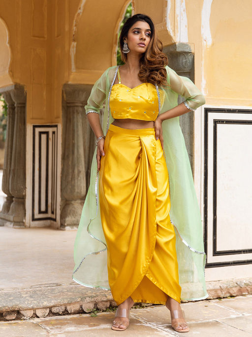 Buy ASHEERA Solid Mirror Work Satin Yellow Crop Top With Skirt