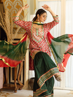Asheera - Floral Gota Cotton Red Kurta With Sharara & Dupatta (Set of 3)