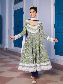 Asheera - Floral Lace Work Cotton Green Anarkali Kurta With Pant & Dupatta (Set of 3)