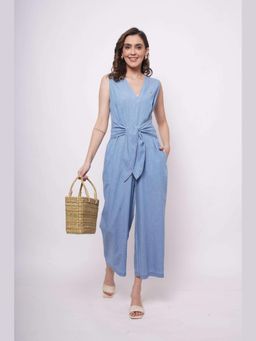 Western Era - Sleeveless Front Strap Knot Blue Cotton Jumpsuit
