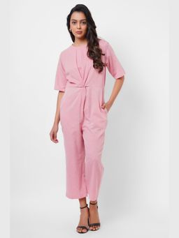Western Era - Front Twist Knot Pink Cotton Jumpsuit