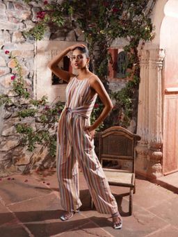 Western Era - Multicolour Sleeveless Linen Jumpsuit with Front Knot