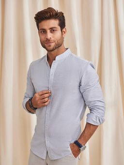 B77 - Men Organic Cotton Blue Plain Mandarin Neck Casual Shirts