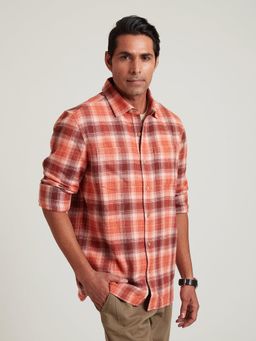 B77 - Men Organic Cotton Orange Checks Collar Neck Casual Shirts
