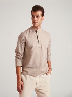 B77 - Men Organic Cotton Beige Checks Mandarin Neck Casual Shirts