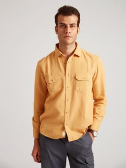 B77 - Men Organic Cotton Yellow Plain Collar Neck Casual Shirts