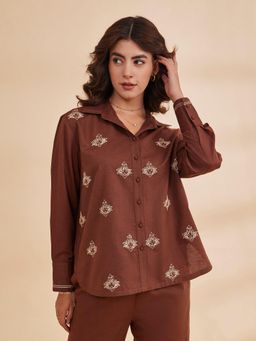 B77 - Women's Linen Brown Embroidered Collar Neck Casual Shirts