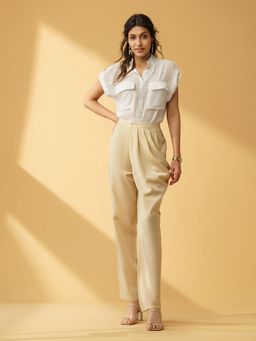 B77 - Women Natural Crepe White Plain Mandarin Neck Casual Shirts