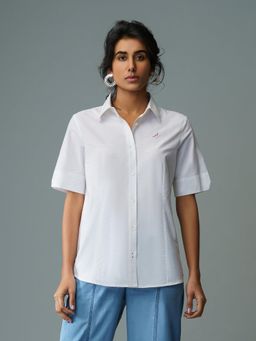 B77 - Women's Organic Cotton White Plain Collar Neck Casual Shirts