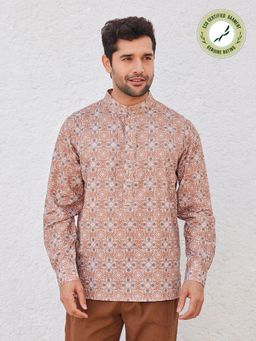 B77 - Men Organic Cotton Brown Printed Henley Neck Casual Shirts