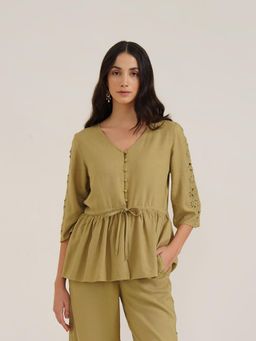 B77 - Ares Linen Peplum Top, Khaki
