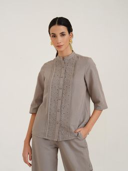 B77 - Women Linen Grey Embroidered Mandarin Neck Casual Shirts
