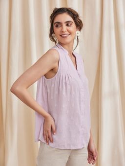 B77 - Women Organic Cotton Lavender Embroidered Mandarin Neck Casual Shirts